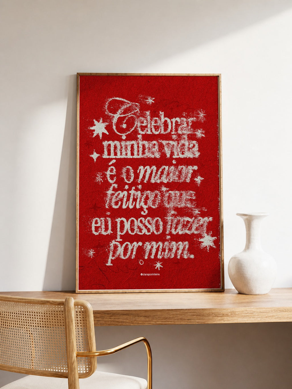 Quadro Celebrar Minha Vida (Vermelho) emoldurado em ambiente, mockup 1