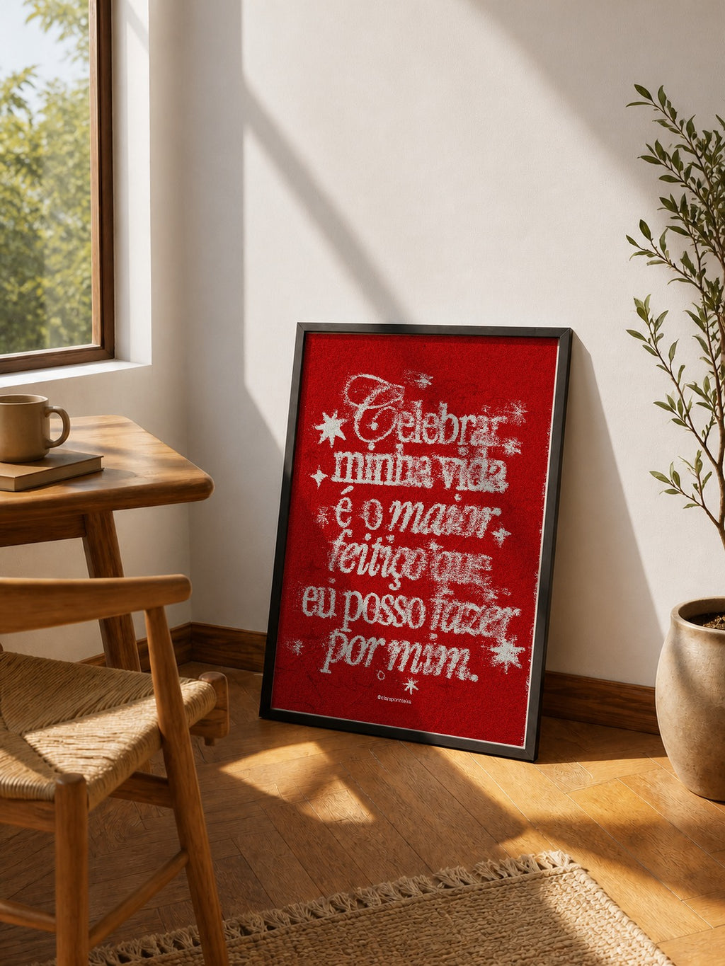 Quadro Celebrar Minha Vida (Vermelho) emoldurado em ambiente, mockup 4
